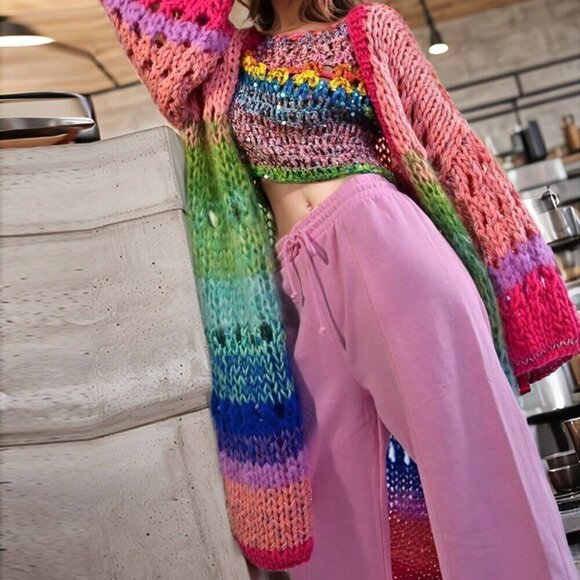 Pink Casual Women's Handknitted Boho Colorful Coat Bell Sleeve Crochet Kimono - Picture 6 of 6